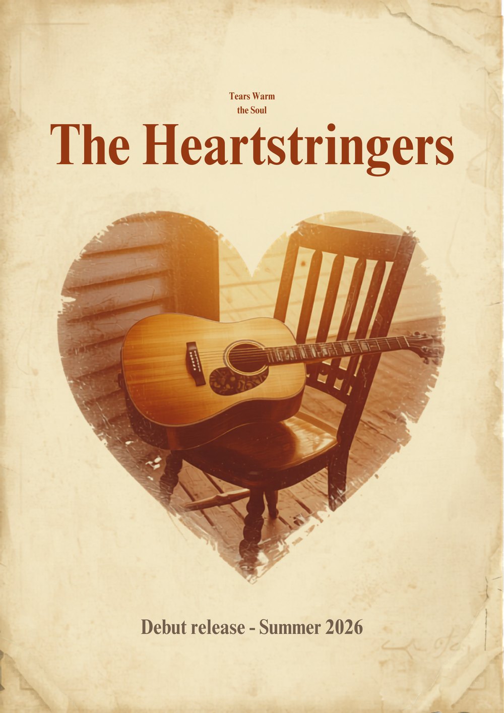 The Heartstringers — heart-shaped sepia photograph of an acoustic guitar on a porch chair
