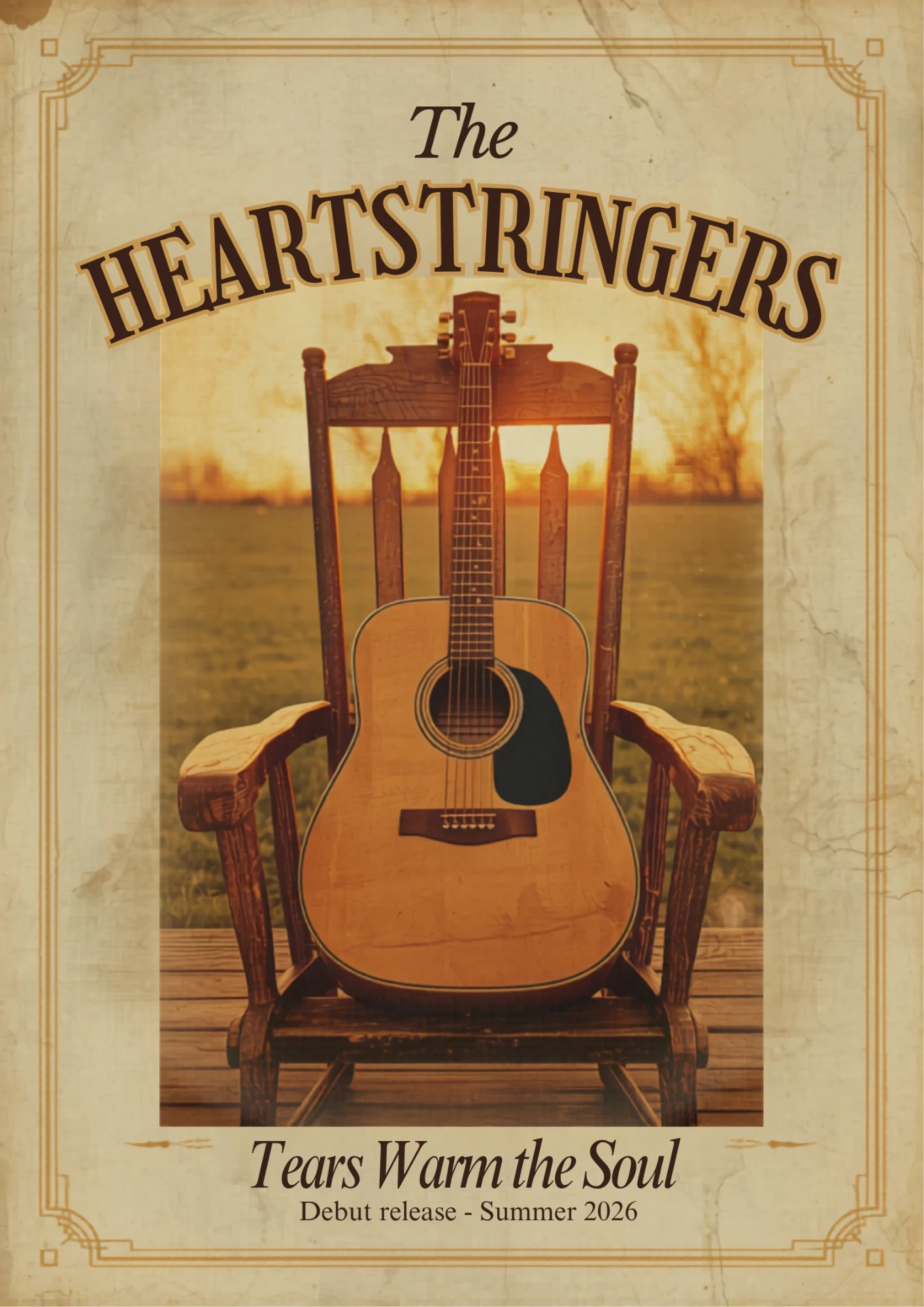 The Heartstringers — vintage country album sleeve with an acoustic guitar resting on a rocking chair at golden hour